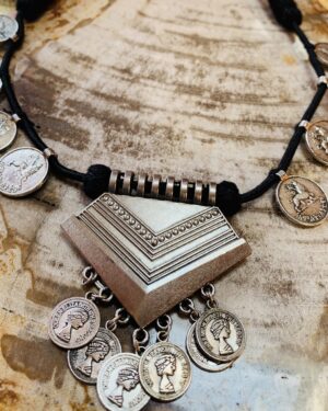 Ethnic Oxidized German Silver Necklace with coins and triangle pendant