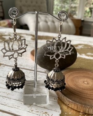 Ethnic Oxidized German Silver lotus big jhumka Earrings with black beads