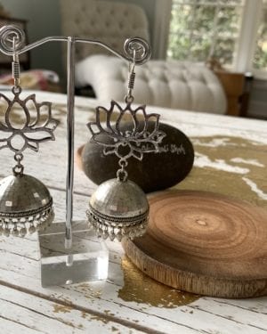 Ethnic Oxidized German Silver lotus big jhumka Earrings with pearl beads