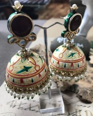 Traditional Handpainted enamel finish Kundan semi precious Jhumkas