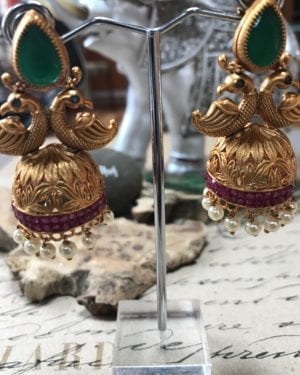 Traditional Kundan Earrings Jhumka with ruby and emerald gemstones