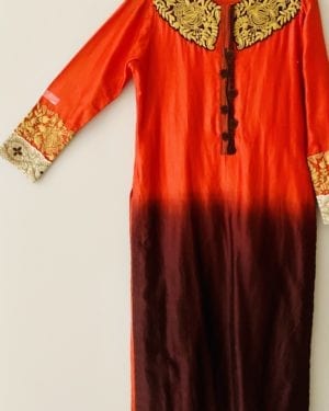 Bright orange long Kurta Top with gold thread machine embroidery  Size 40 (Large)