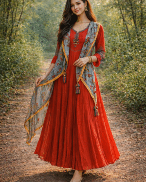 Beautiful machine embroidery long maxi dress with printed stole Size 40 Large