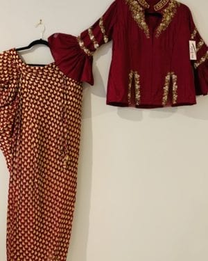 Hand Embroidered Short jacket style top and cowl skirt set Size L 40