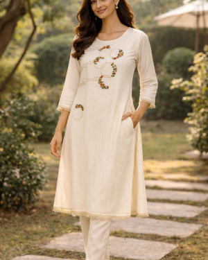 Off white embroidered long Kurta Top with fringe details Size 42 (X Large)