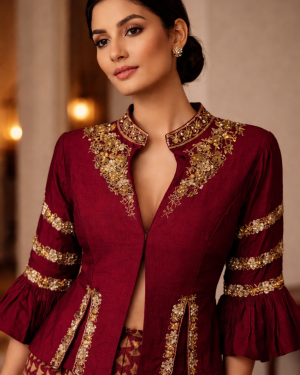 Hand Embroidered Short jacket style top and cowl skirt set Size L 40