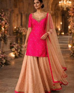 Beautiful silk hand embroidered Kurta, sharara, and Dupatta set Size 38 (M)