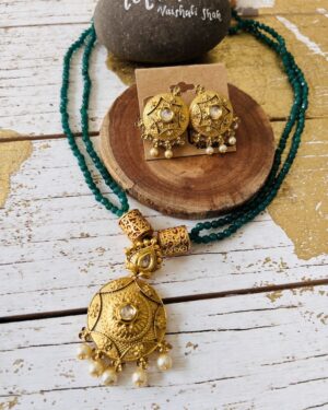 Traditional Kundan Long Necklace and earrings set with green onyx beads