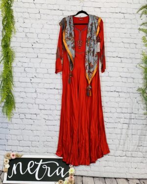 Beautiful machine embroidery long maxi dress with printed stole Size 40 Large