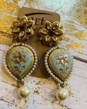 Traditional Jadau semi precious Earrings- Light Blue