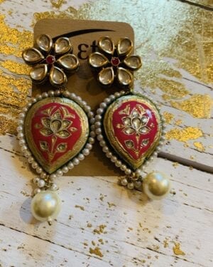 Traditional Jadau semi precious Earrings- Deep Pink