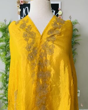Satin Silk bead work Antique Yellow Gold Dupatta