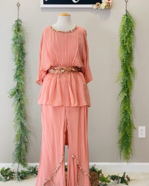 Indo western top with a belt paired with trendy style palazzo pants Size 40