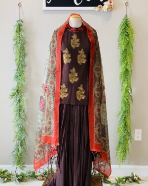 Hand Embroidered Silk Short top and cowl skirt set Size L 40