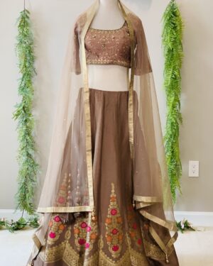 Beautiful Hand Embroidered sateen silk Lehenga, Choli, and Dupatta Set