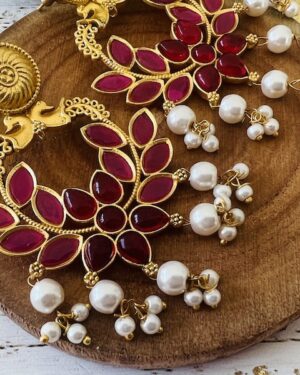 Amrapali inspired Carved Contemporary earrings with pearl drops