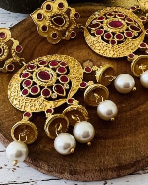 Amrapali inspired Carved Contemporary earrings with pearl drops