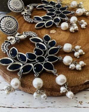 Carved engraved earrings with navy stones
