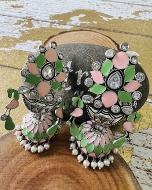 Carved multi color jhumka with stones