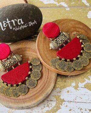 Handmade sustainable fabric coin details gold statement earrings
