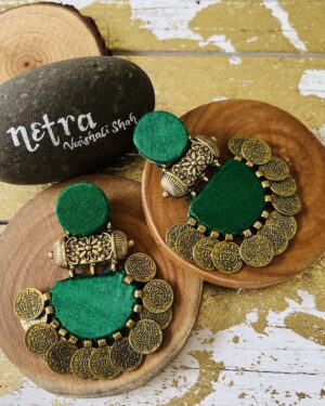 Handmade sustainable fabric coin details gold statement earrings