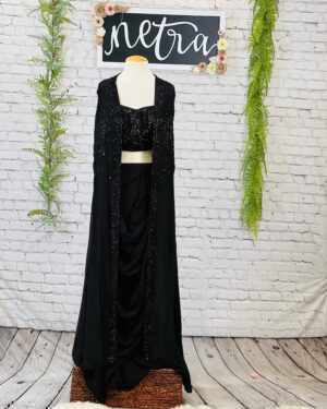 Black beaded crop top and skirt with jacket Size 38