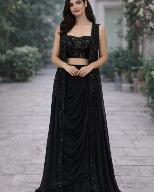 Black beaded crop top and skirt with jacket Size 38