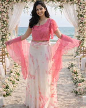 Embroidered crop top and skirt with ruffle stole Size 38-Size 44