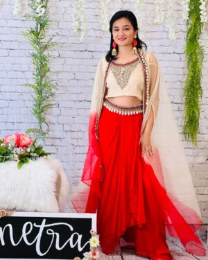 Crop top and cowl style skirt with jacket with cowri shell details Size 38-Size 40