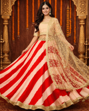Laheriya print Lehenga with hand embroidered blouse and net dupatta Size 38-40