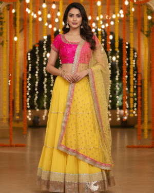 Bandhej and georgette lehenga with embroidered net dupatta Size 38-40