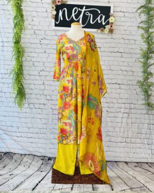 Floral Embroidered Kurta and Palazzo Set with Dupatta Size 40