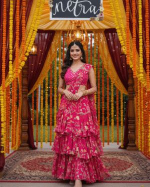 Embroidered georgette pre draped ruffle saree Size 40