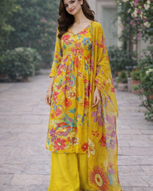 Floral Embroidered Kurta and Palazzo Set with Dupatta Size 40