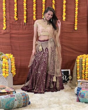 Bridal Hand Embroidered pure dupioni silk Lehenga, Choli, and Dupatta Set