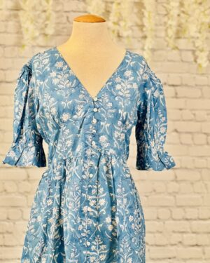 Mehreen (महरीन – "Dewdrop") - Light Blue Block Printed Long Dress - Size 40 Large