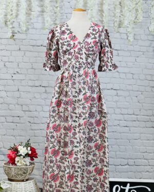 Mehreen - (महरीन – "Dewdrop") Multi White and Pink Color Long Dress - Size 38 Medium