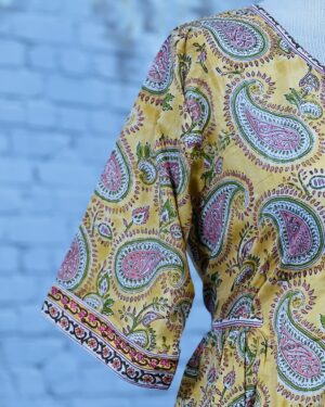 Saanjh  (सांझ – "Dusk")- Yellow multi colored Block Printed Midi Dress with a Tie Back Size 42 XL