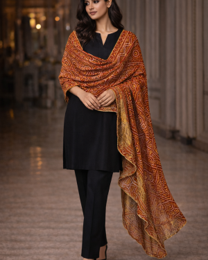 Soft Bandhani Silk Dupatta with gold woven border