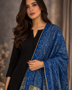 Soft Bandhani Silk Dupatta with gold woven border