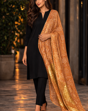 Soft Bandhani Silk Dupatta with gold woven border
