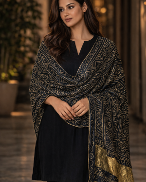 Soft Bandhani Silk Dupatta with gold woven border