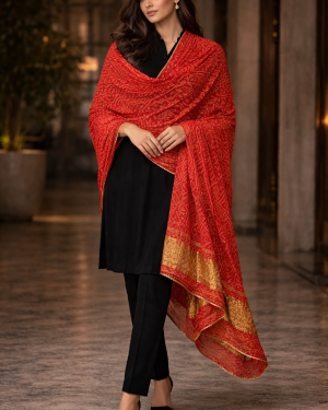 Soft Bandhani Silk Dupatta with gold woven border