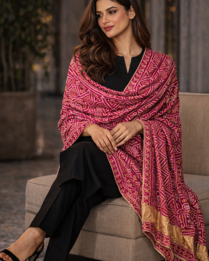 Soft Bandhani Silk Dupatta with gold woven border