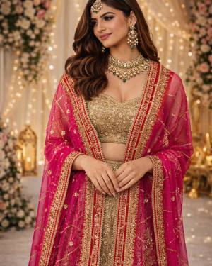 Rani Pink Sada Saubhagyawati Bhav Wedding Dulhan embroidered Dupatta