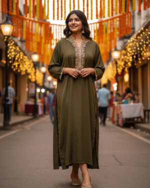 Hand Embroidered long Satin Crepe Kurta Top  Size 48